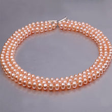 Load image into Gallery viewer, Triple Row 6-7mm Freshwater Necklace, Freshwater pearl necklace, Freshwater pearls, Pink pearl necklace, nature pearl necklace, 100sterling.com