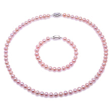 Load image into Gallery viewer, 7-8 mm Pink Freshwater Pearl Necklace, Bracelet &amp; Earring Set, Bridal jewelry, Bride Pearls, Bridal Pearls, Wedding Pearls, Wedding Jewelry, Pink Pearl Neckalce, Pink Pearl Bracelet, Pearl Earrings, Pearl Jewelry Set, 100Sterling.com, Pearls, Women&#39;s Pearls, Bridesmaids Pearls, Pearl Ensemble, Classic Pearls, Classic Pearl Earrings, Classic Pearl Bracelet
