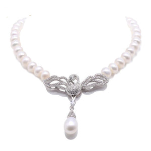 7mm - 7.5mm Freshwater Pearl Necklace with Sparkling Swan Pendent. Bride and bridesmaid accessories, everyday pearls, anniversary pearls, birthday pearls, special occasion gift, Pearl holiday gift. 18 inch Pearl Necklace, 100sterling.com, Bridal Pearls