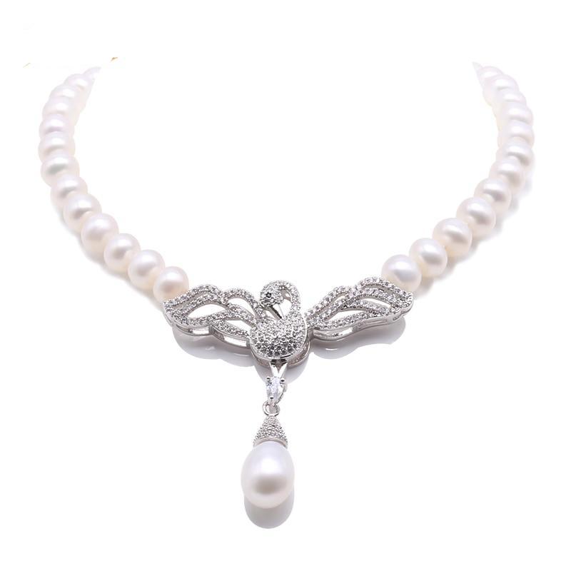 7-7.5mm White Freshwater Pearl & Crystal Swan Pendant Necklace