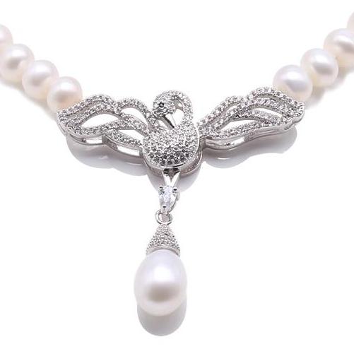 7mm - 7.5mm Freshwater Pearl Necklace with Sparkling Swan Pendent. Bride and bridesmaid accessories, everyday pearls, anniversary pearls, birthday pearls, special occasion gift, Pearl holiday gift. 18 inch Pearl Necklace, 100sterling.com, Bridal Pearls