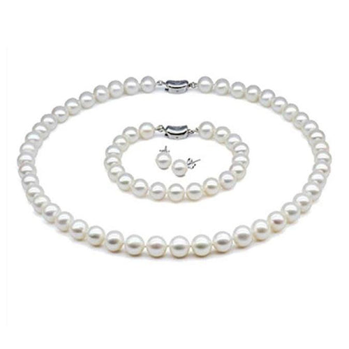 White Pearl Necklace, Earring and Bracelet Set, Wedding Jewelry, Bridal jewelry, Bridal Necklace, Pearl Necklace, Pearl Earrings, Pearl Bracelet, 100Sterling.com, Sterling Silver and pearls, Silver pearls, Pearl Jewelry, Pearls