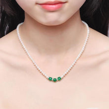 Load image into Gallery viewer, 4.5mm Flat Round White Freshwater Pearl necklace with three Malay Jade Dyed Quartzite beads, Jade and pearl necklace, Lobster Claw Clasp necklace, 16.5 inch freshwater pearl necklace, pearl necklace, freshwater pearl necklace, 100sterling.com, pearl gifts, classic pearl necklace