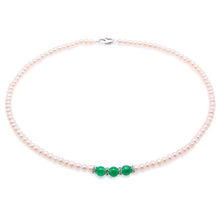 Load image into Gallery viewer, 4.5mm Flat Round White Freshwater Pearl necklace with three Malay Jade Dyed Quartzite beads, Jade and pearl necklace, Lobster Claw Clasp necklace, 16.5 inch freshwater pearl necklace, pearl necklace, freshwater pearl necklace, 100sterling.com, pearl gifts, classic pearl necklace