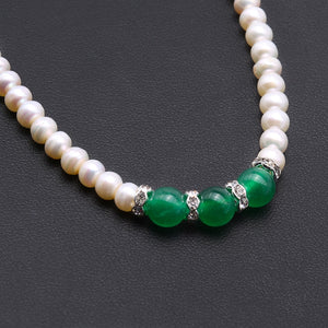 4.5mm Flat Round White Freshwater Pearl necklace with three Malay Jade Dyed Quartzite beads, Jade and pearl necklace, Lobster Claw Clasp necklace, 16.5 inch freshwater pearl necklace, pearl necklace, freshwater pearl necklace, 100sterling.com, pearl gifts, classic pearl necklace