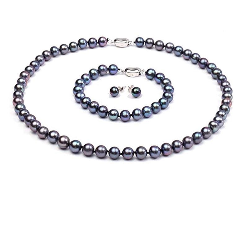 Black Natural Freshwater Pearl Necklace, Bracelet & Earring