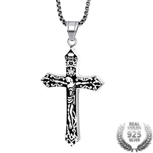 Sterling Silver Cross Pendant with Black Leather Rope Necklace