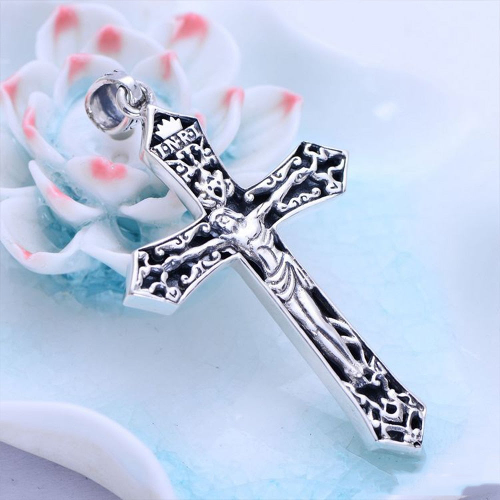 Sterling Silver Cross Pendant with Black Leather Rope Necklace