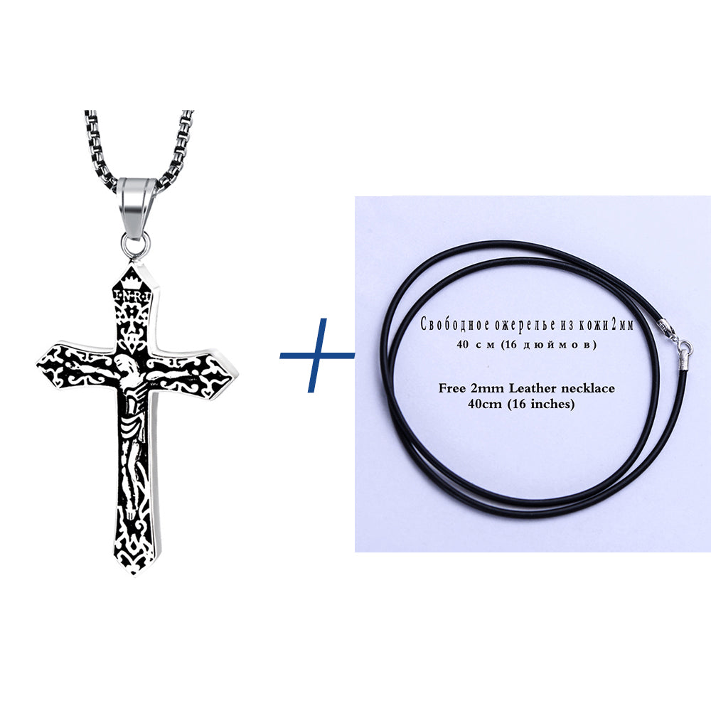 Men's Cross Necklace with Leather Rope, Black Silver Cross Pendant