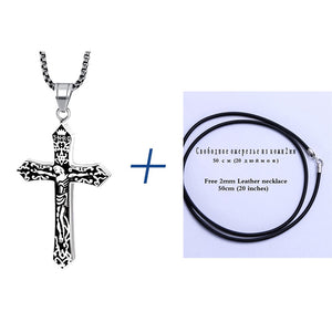 Sterling Silver Cross Pendant with Black Leather Rope Necklace