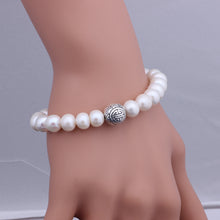Load image into Gallery viewer, 9-9.5mm Freshwater Pearl &amp; Solid 925 Sterling Silver Bead Bracelet, ELASTIC Pearl Bracelet, Freshwater Pearl Bracelet, Wedding Jewelry, Bridal Jewelry, Bridal Pearls, Wedding Pearls, Pearl Bracelet, 9.5mm Pearl Bracelet, 9mm Pearl Bracelet, Freshwater Pearl Bracelet, Large Pearls, Freshwater pearls, Classic Pearl Bracelet, 100Sterling.com, Wedding Jewelry, Anniversary pearls, Evening Pearls, Daytime Pearls, Fashion Pearls, White Pearls, White Pearl Bracelet, Sterling Silver Bead Pearls