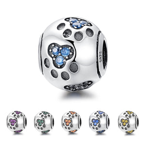 Sterling Silver & CZ Paw Print Bead Charm in 7 Colors