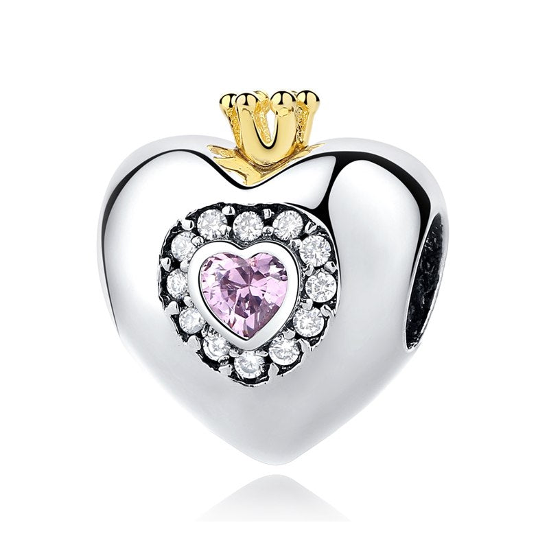 Castle on Pink Heart Charm, Fit Pan Bracelet, 925 Sterling Silver 