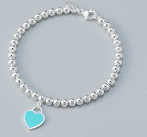 Sterling Silver Round Bead Bracelet with Dangling Blue/Green, Red, Pink or Silver Heart