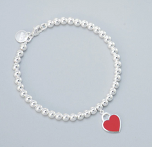 Load image into Gallery viewer, Sterling Silver Round Bead Bracelet with Dangling Blue/Green, Red, Pink or Silver Heart