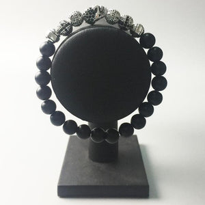 Men's CorbinOne Silver Plated Skull, Designer & Obsidian Bead Bracelet