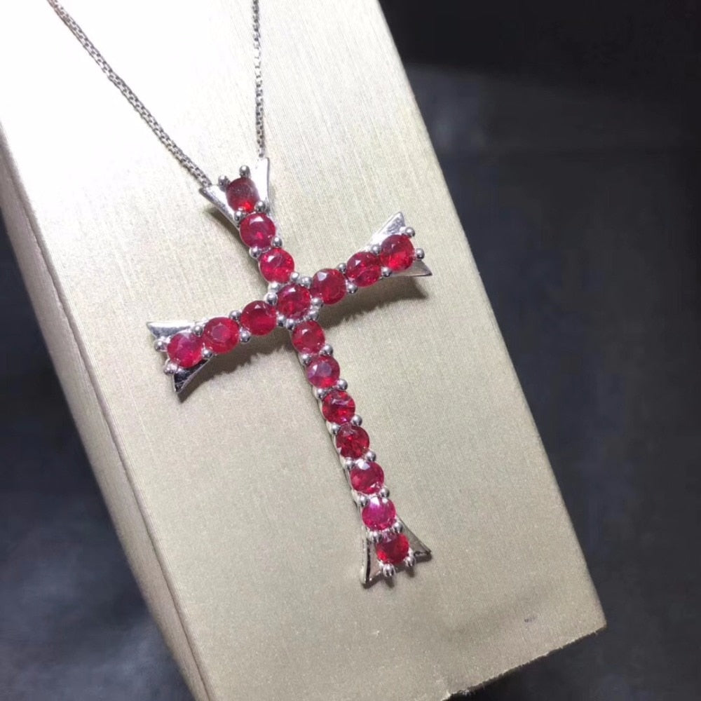 Sterling Silver & Genuine Ruby Cross Necklace, Genuine Ruby Pendent, Genuine Ruby Cross, Ruby Cross, Women's Ruby Jewelry, Women's Ruby Cross, Women's Ruby Necklace, 100Sterling.com