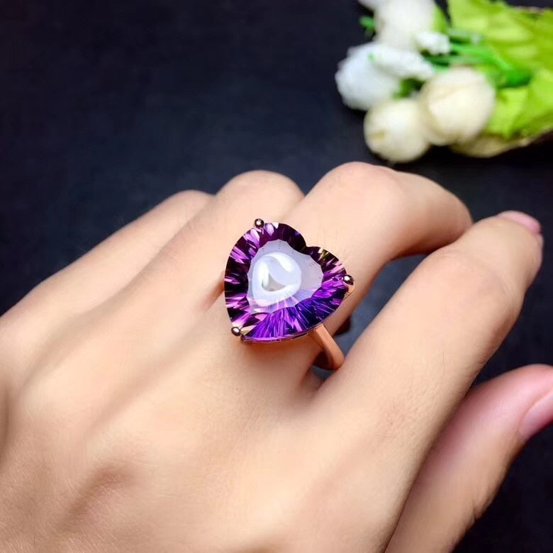Heart-Shaped Amethyst & Diamond Wrapped Ring in Rose Gold Plated Sterling  Silver