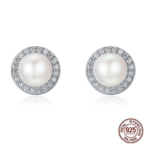 Sterling Silver Round Freshwater Pearl  & Cubic Zirconia Stud Earrings