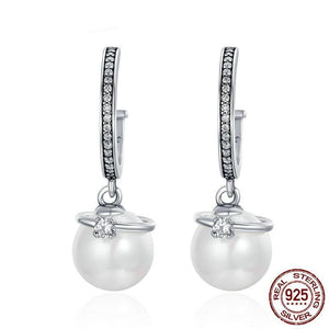 Dangling CZ & Sterling Silver Shell Pearl Earrings