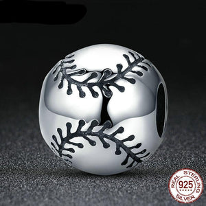 Sterling Silver Round Baseball Bead with Black Stitching Accents