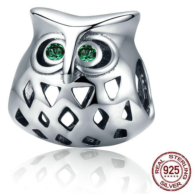 Sterling Silver Green Eyed Owl Bead Charm