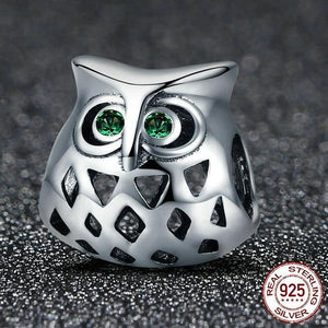 Sterling Silver Green Eyed Owl Bead Charm