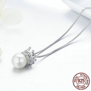 Sterling Silver Princess Crown Pearl Necklace