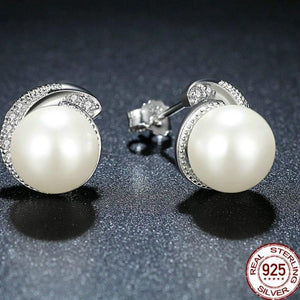 Sterling Silver Spiral CZ and Shell Pearl Earrings