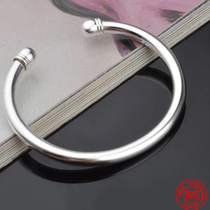 Genuine 925 Sterling Silver Simple Double Bead Open Cuff Bracelet