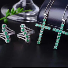 Load image into Gallery viewer, Genuine 12-Emerald &amp; Sterling Silver Cross Pendent Necklace with Matching 5-Emerald Ring