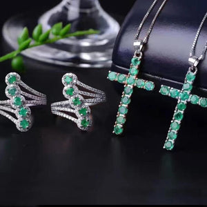 Genuine 12-Emerald & Sterling Silver Cross Pendent Necklace with Matching 5-Emerald Ring