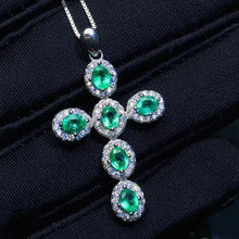 Load image into Gallery viewer, Genuine Emerald &amp; Sterling Silver Cross Pendent Necklace, Emerald necklace, Emerald Cross, Religious Cross, Catholic Cross, Communion gift, Confirmation Gift, Anniversary gift, Emeralds, Genuine Emeralds, Natural Emeralds, Sterling Silver Emerald Necklace, 100Sterling.com, Cross