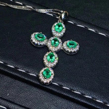 Load image into Gallery viewer, Genuine Emerald &amp; Sterling Silver Cross Pendent Necklace, Emerald necklace, Emerald Cross, Religious Cross, Catholic Cross, Communion gift, Confirmation Gift, Anniversary gift, Emeralds, Genuine Emeralds, Natural Emeralds, Sterling Silver Emerald Necklace, 100Sterling.com, Cross