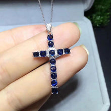 Load image into Gallery viewer, Genuine Sapphire &amp; Sterling Silver Cross Pendent Necklace