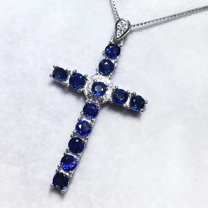 Genuine Sapphire & Sterling Silver Cross Pendent Necklace